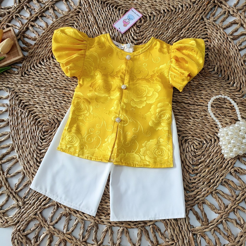 Bộ quần áo bà ba vàng bé gái dễ thương 🍓[FREESHIP🍓 Su Shop- body thiết kế sinh nhật thôi nôi cho bé