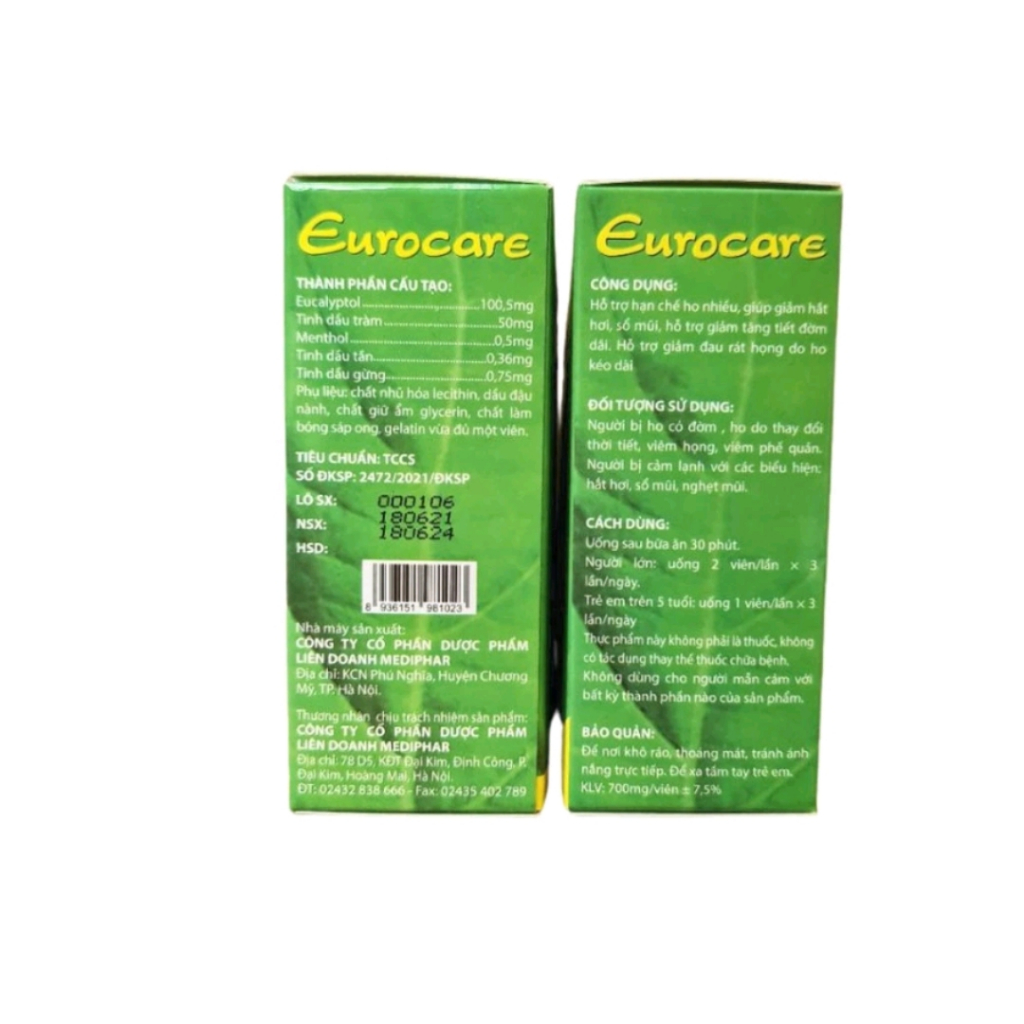 Viên uống Eurocare 100% các tinh dầu thảo dược giúp giảm ho, thông thoáng mũi họng Hộp 100 viên