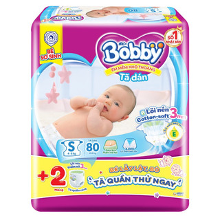 BỈM-TÃ DÁN BOBBY SIÊU THẤM SIZE S GÓI 80 MIẾNG  thêm 2 miếng