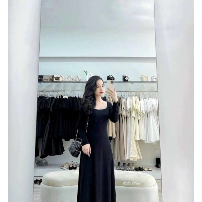 Váy thun dài tay cổ vuông