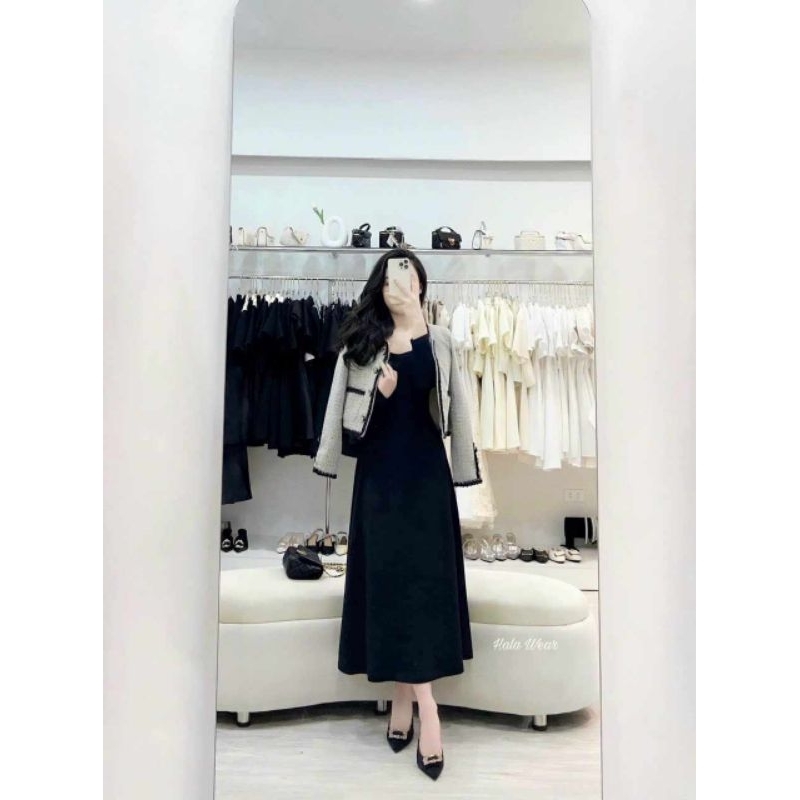 Váy thun dài tay cổ vuông