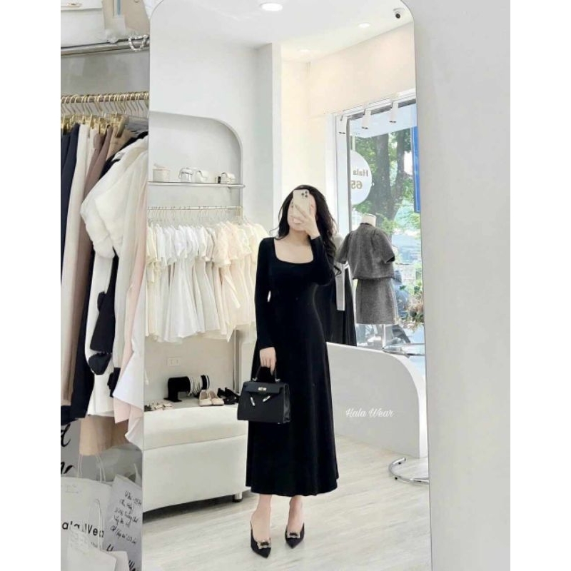 Váy thun dài tay cổ vuông