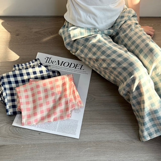 Quần kẻ dài mặc nhà dáng rộng chất liệu đũi cotton -Meely