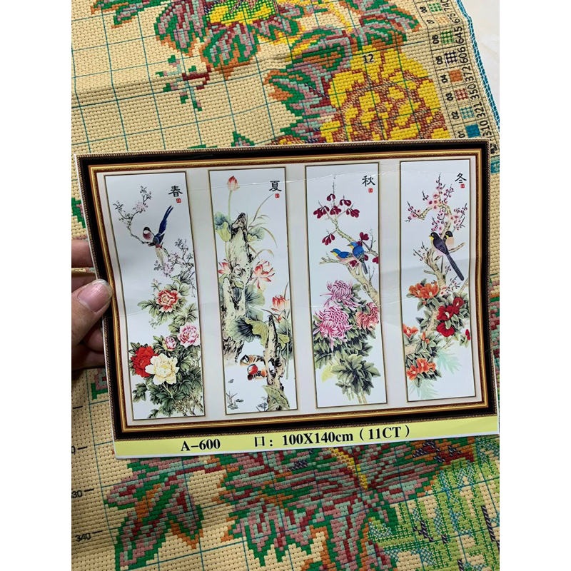 Tranh thêu Tứ Quý 100*140CM 11CT VẢI NÂU