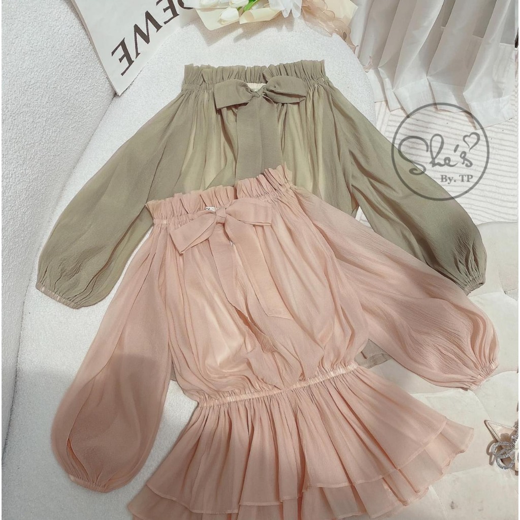 Áo Voan tơ trễ vai dáng dấu quần hàng loại 1