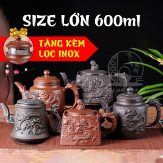 Ấm pha trà tử sa DUNG TÍCH LỚN kèm lọc inox, bộ ấm trà tử sa họa tiết đắp nổi 2 mặt tinh xảo phụ kiện trà đạo cao cấp