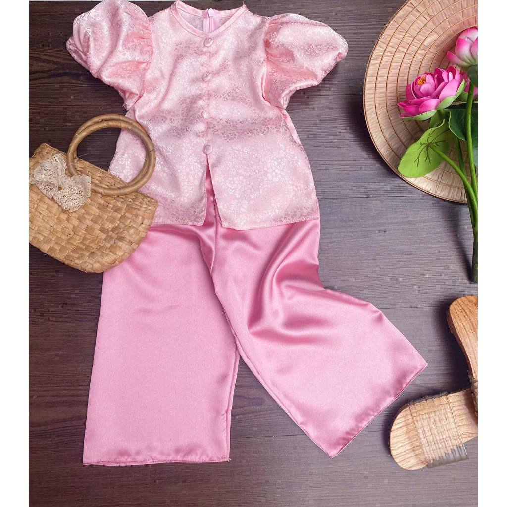 Ngọc Kids Bộ áo bà ba đẹp, bà ba Tết 2024 vải gấm màu hồng nhạt cho bé gái 6-24kg