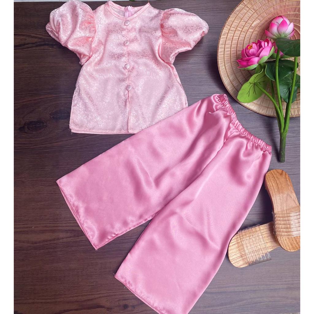Ngọc Kids Bộ áo bà ba đẹp, bà ba Tết 2024 vải gấm màu hồng nhạt cho bé gái 6-24kg