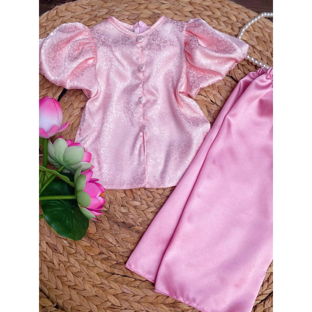 Ngọc Kids Bộ áo bà ba đẹp, bà ba Tết 2024 vải gấm màu hồng nhạt cho bé gái 6-24kg