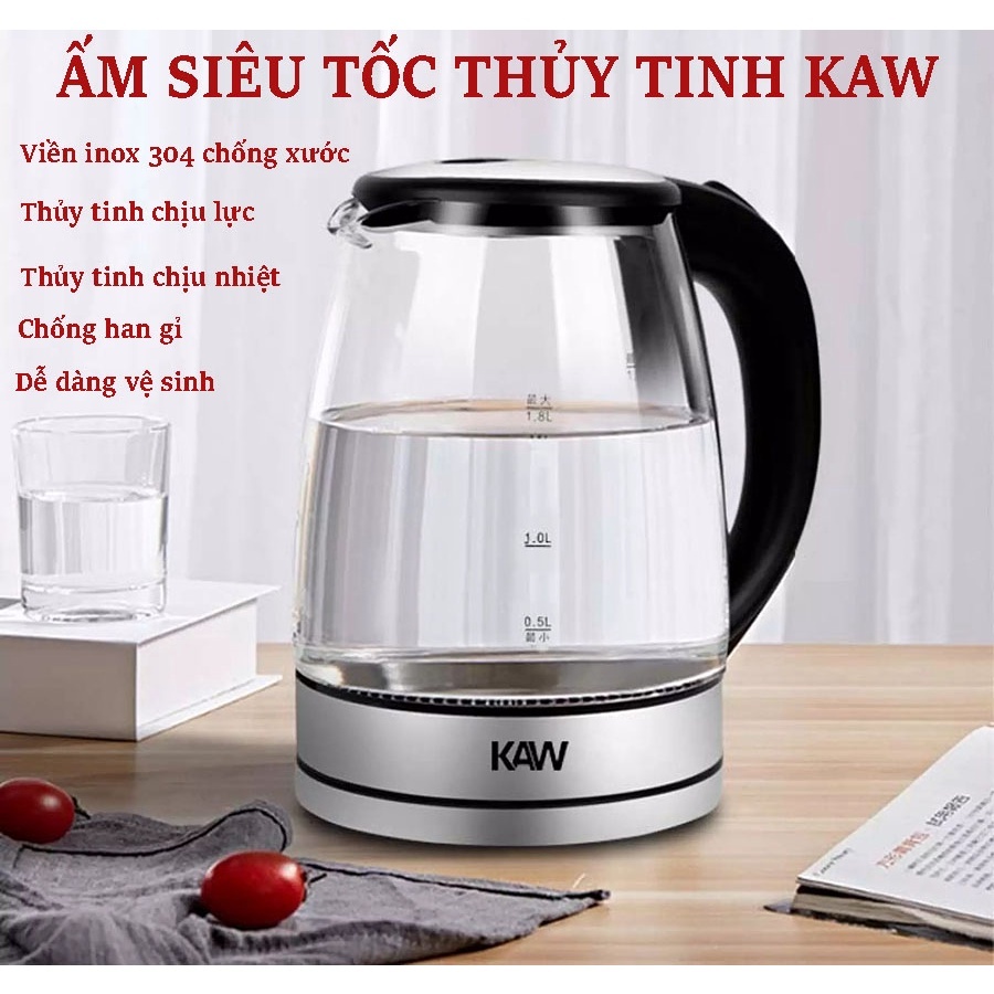 Ấm Điện Đun Nước Siêu Tốc KAW, Bình Thủy Tinh Trong Suốt Cao Cấp Dung Tích 2.0L - Tiết Kiệm Điện, Có Đèn Led