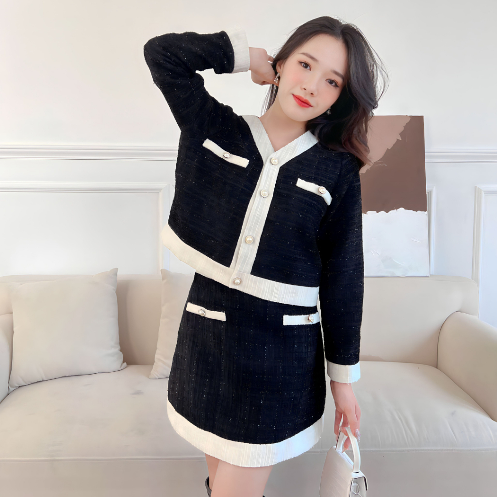 Sét dạ tweed nữ tay dài kèm chân váy màu đen viền trắng khoác nhẹ thu đông có bigsize caocaobycaochen C008
