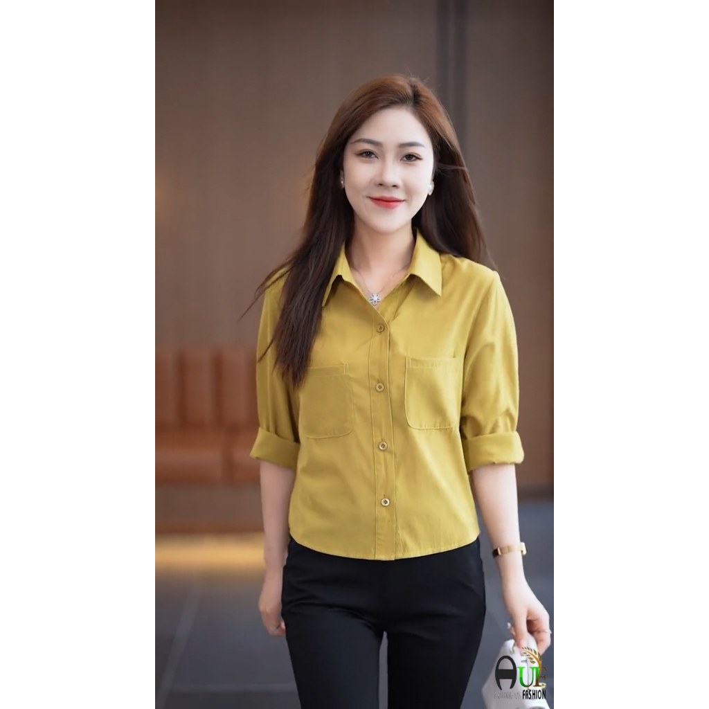 Áo sơ mi nữ thanh lịch dài tay chất vải đũi nhuyễn cao cấp thời trang Quảng Châu