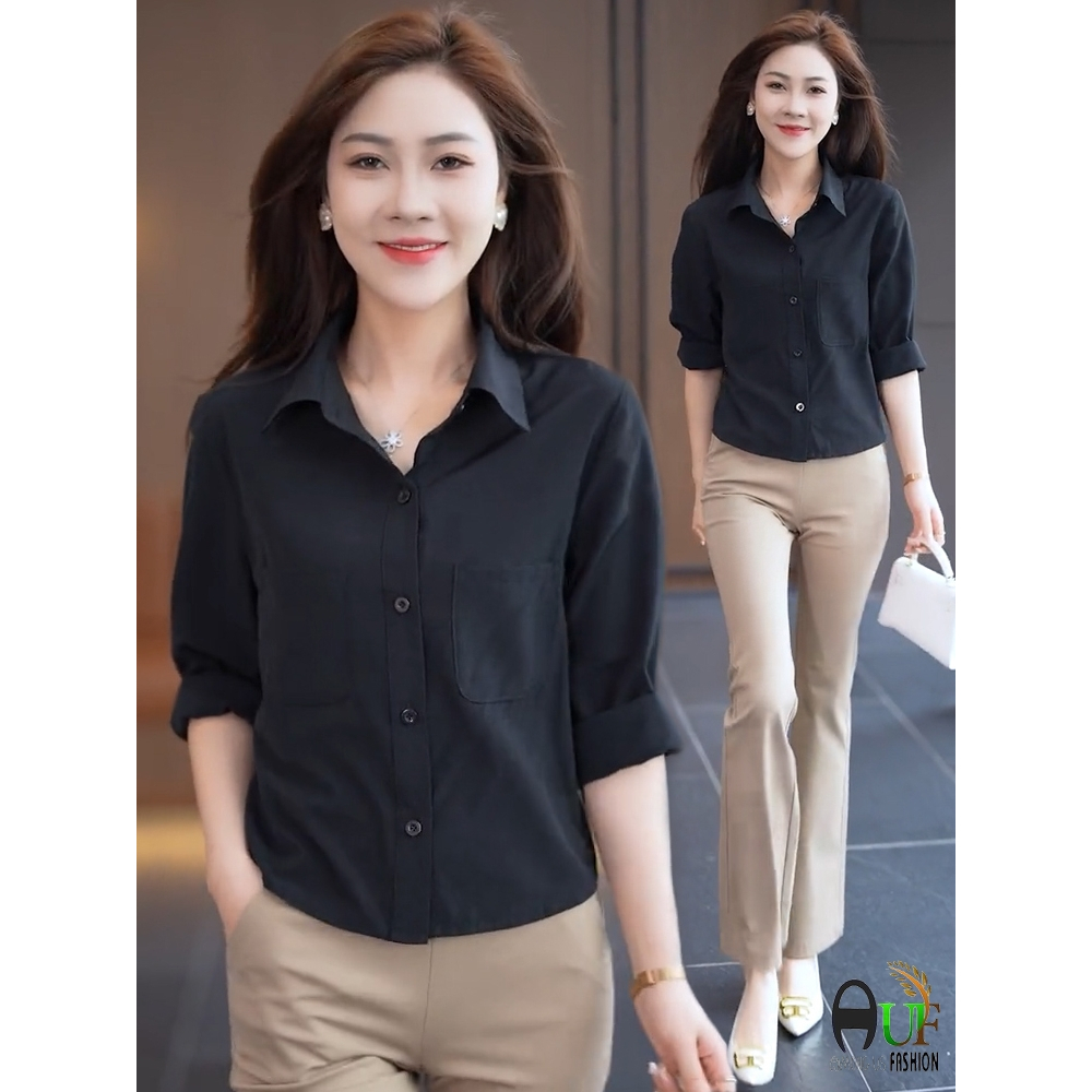 Áo sơ mi nữ thanh lịch dài tay chất vải đũi nhuyễn cao cấp thời trang Quảng Châu