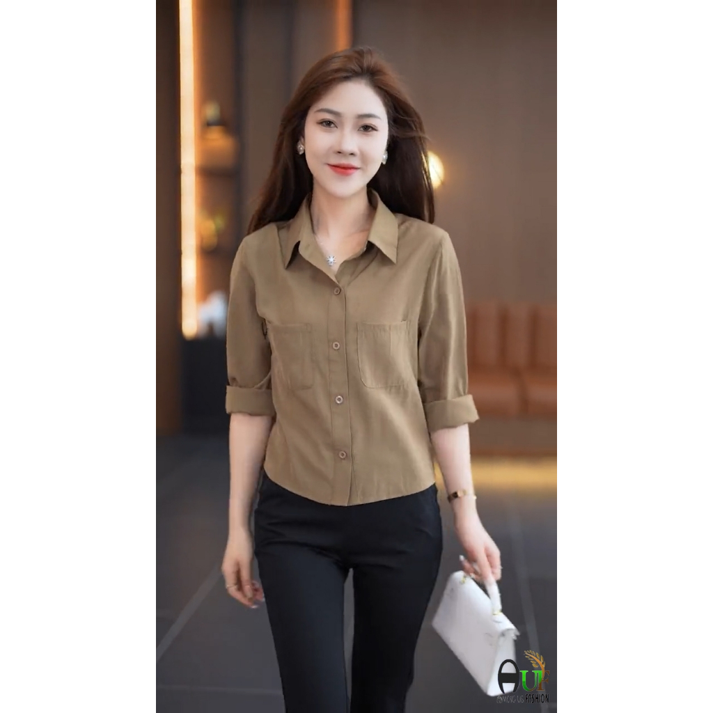 Áo sơ mi nữ thanh lịch dài tay chất vải đũi nhuyễn cao cấp thời trang Quảng Châu