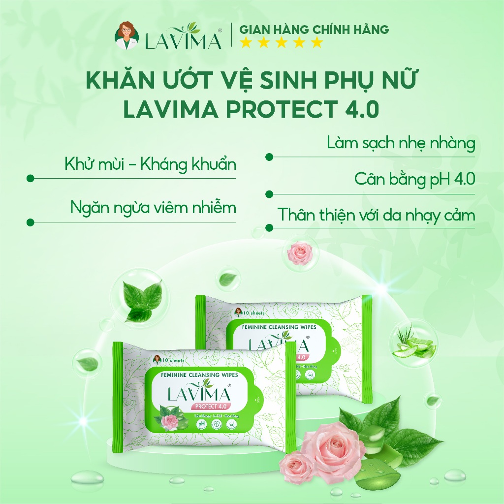 Khăn ướt vệ sinh vùng kín LAVIMA Protect 4.0 gói 10 miếng giúp vùng kín luôn sạch sẽ, khô thoáng