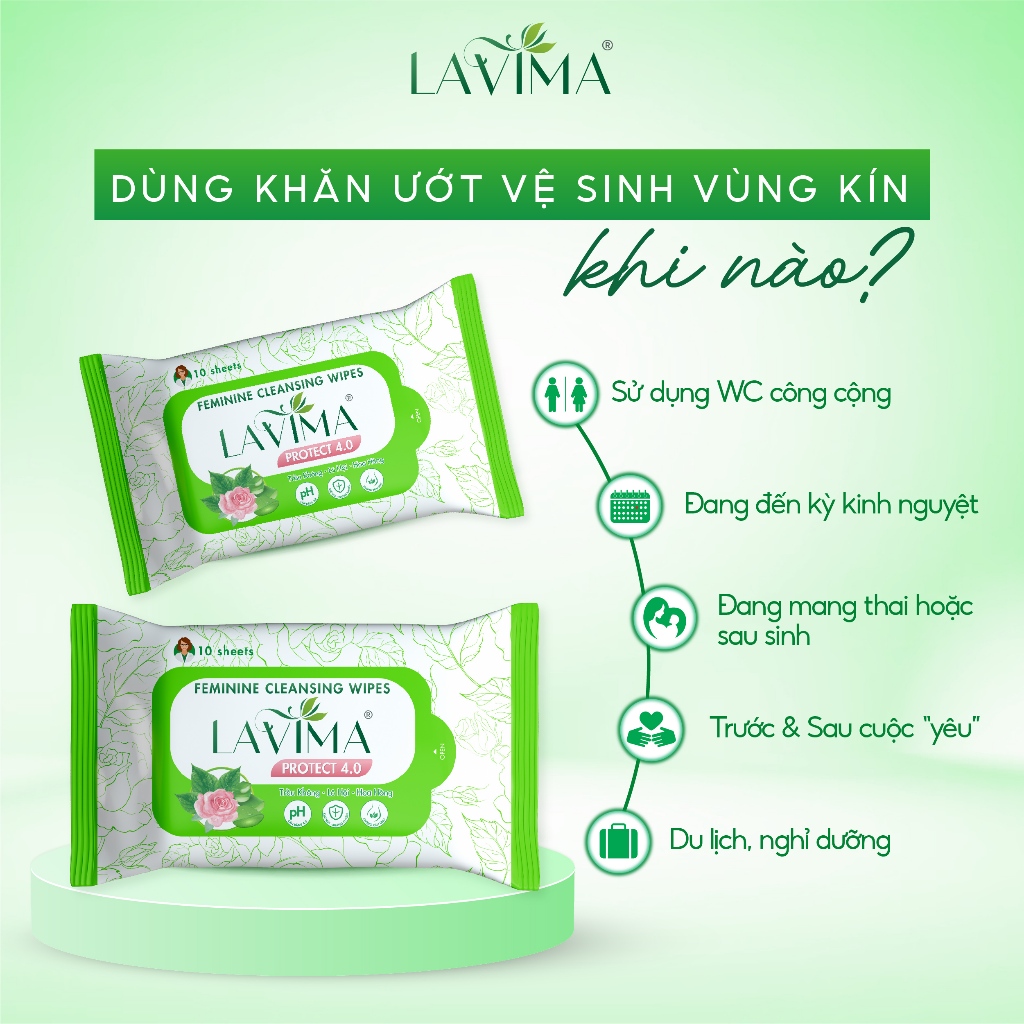 Khăn ướt vệ sinh vùng kín LAVIMA Protect 4.0 gói 10 miếng giúp vùng kín luôn sạch sẽ, khô thoáng