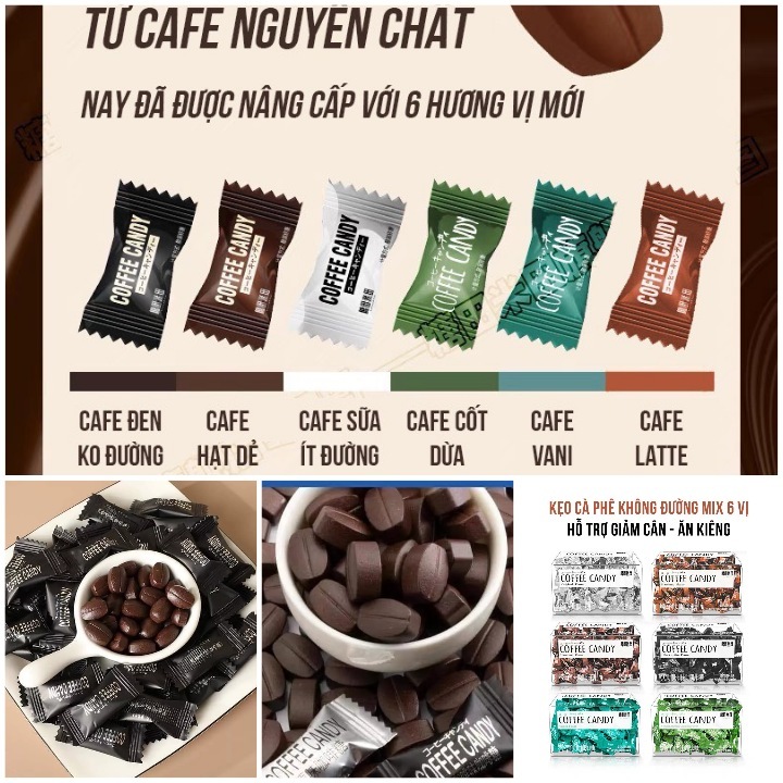 Kẹo Cafe đen viên nhỏ mix vị không đường từ Đài Loan túi 50g-100gr, ăn kiêng giảm cân