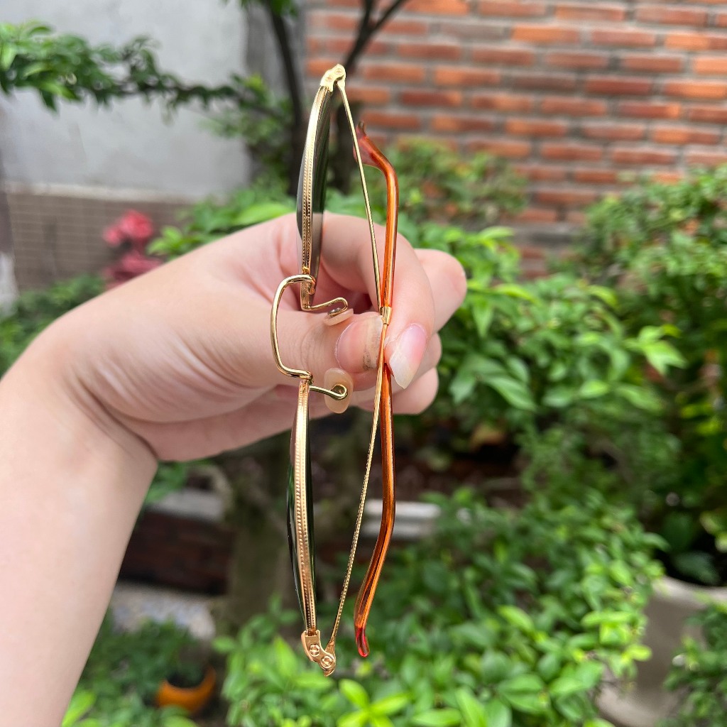 Kính Rayban Form Mắt Tròn Xanh Rau Muống, Chuôi Vàng, Vè Đục Size 53