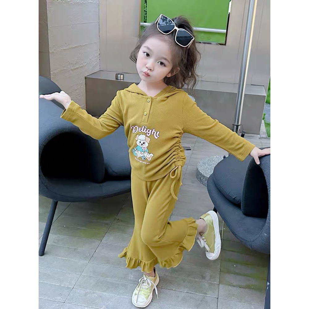 Bộ quần áo bé gái- Bộ đồ tăm gân cho bé gái dài tay có mũ quần ống loe cho bé từ 8kg đến 20kg