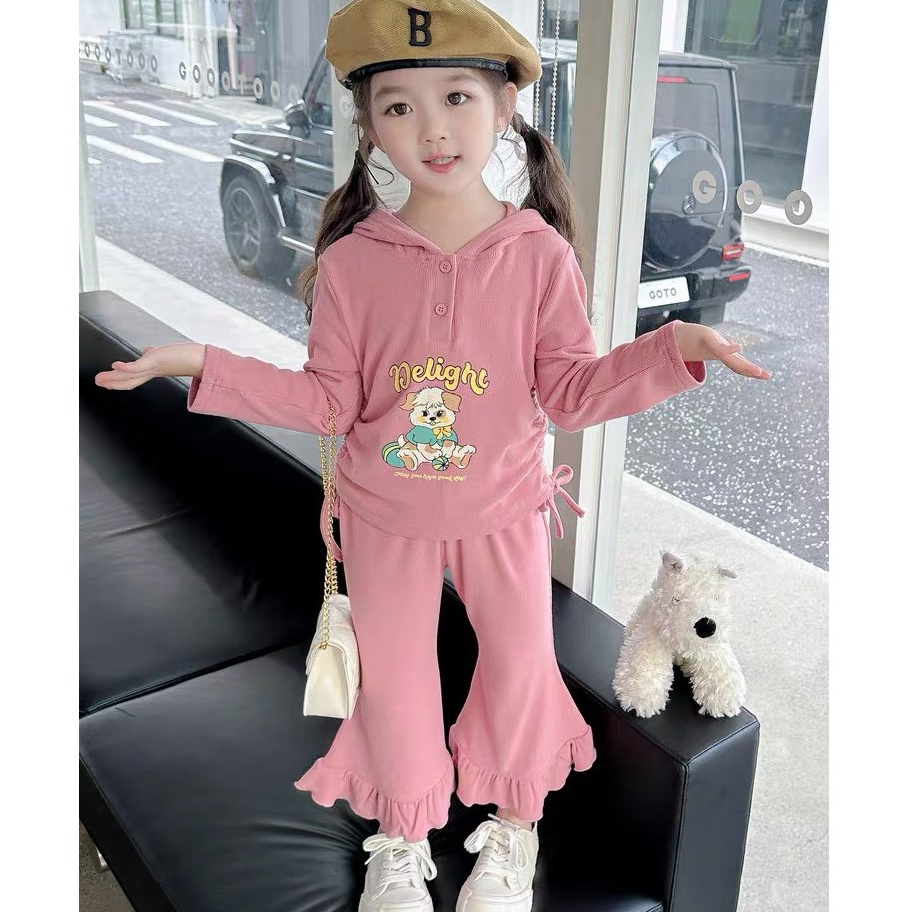 Bộ quần áo bé gái- Bộ đồ tăm gân cho bé gái dài tay có mũ quần ống loe cho bé từ 8kg đến 20kg