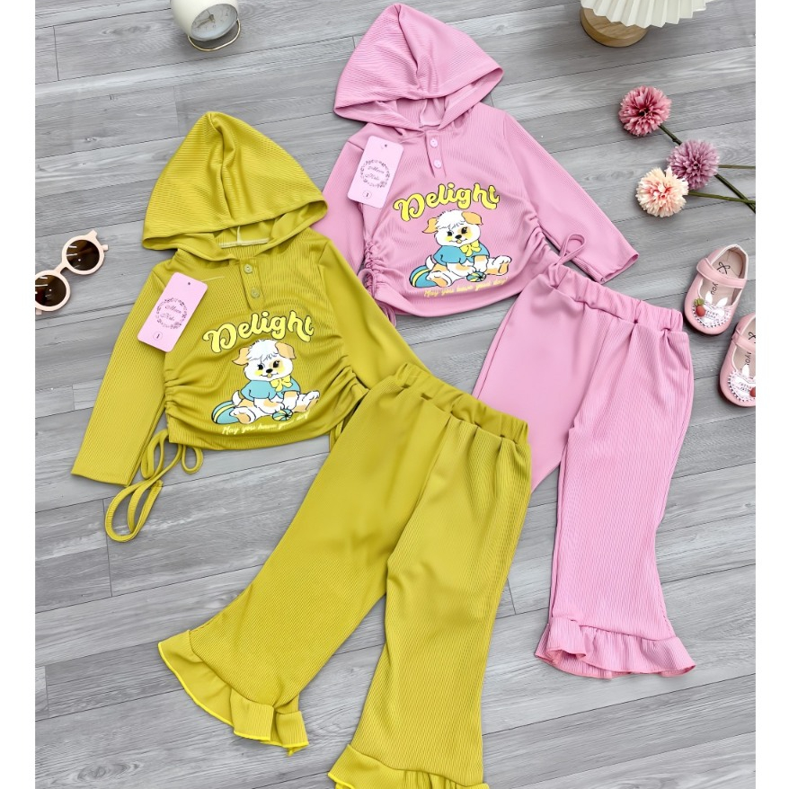 Bộ quần áo bé gái- Bộ đồ tăm gân cho bé gái dài tay có mũ quần ống loe cho bé từ 8kg đến 20kg