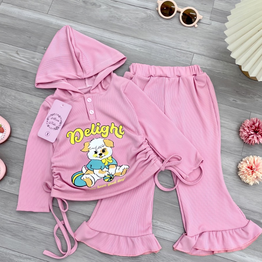 Bộ quần áo bé gái- Bộ đồ tăm gân cho bé gái dài tay có mũ quần ống loe cho bé từ 8kg đến 20kg