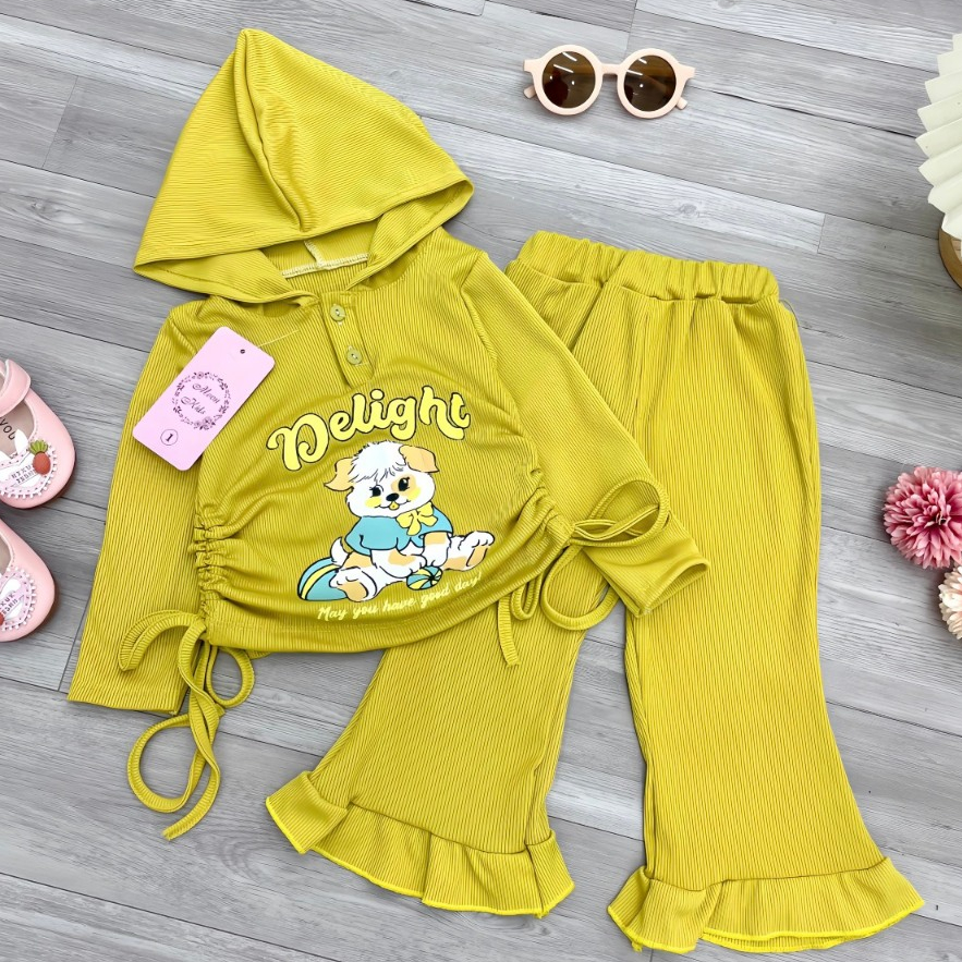 Bộ quần áo bé gái- Bộ đồ tăm gân cho bé gái dài tay có mũ quần ống loe cho bé từ 8kg đến 20kg