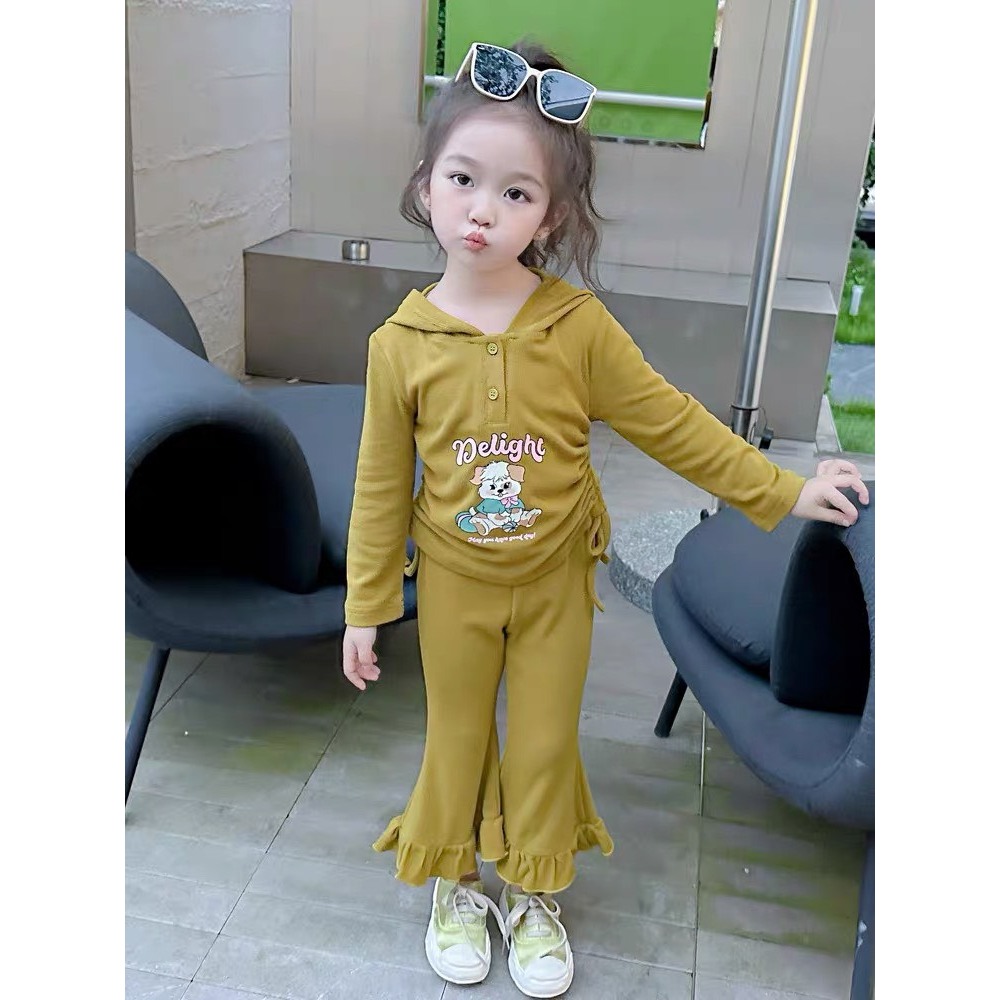 Bộ quần áo bé gái- Bộ đồ tăm gân cho bé gái dài tay có mũ quần ống loe cho bé từ 8kg đến 20kg