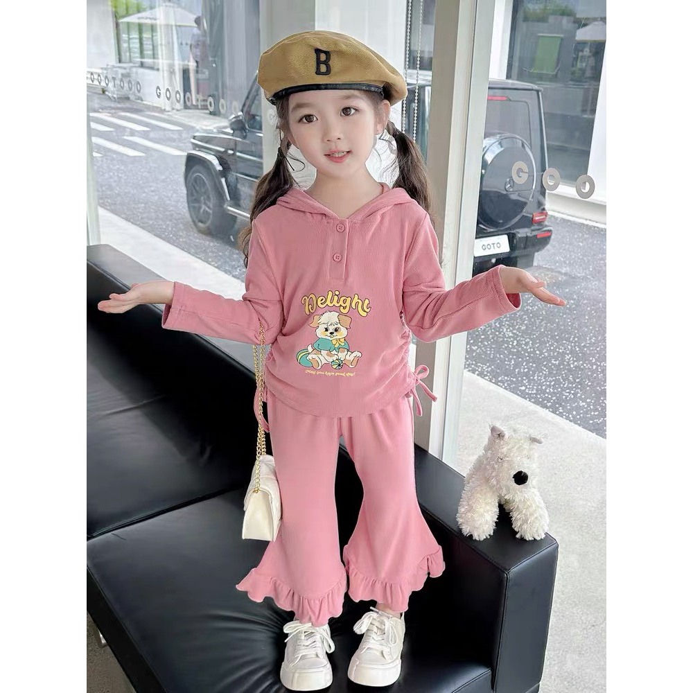 Bộ quần áo bé gái- Bộ đồ tăm gân cho bé gái dài tay có mũ quần ống loe cho bé từ 8kg đến 20kg