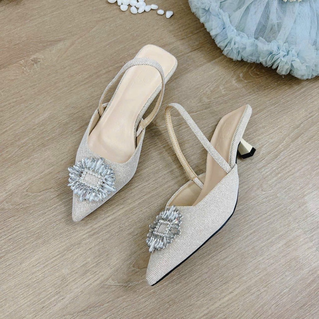 Giày cao gót khóa đá mũi nhọn gót nhọn 5cm quai chun co dãn ôm chân