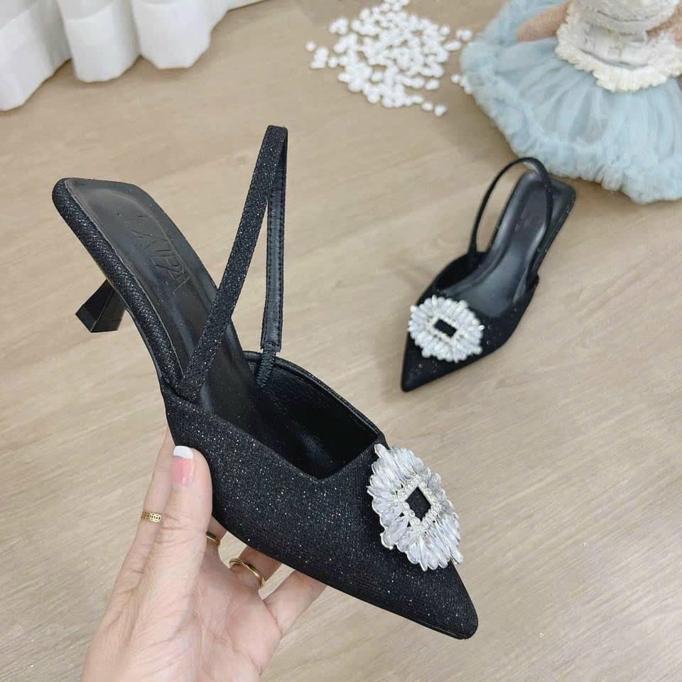 Giày cao gót khóa đá mũi nhọn gót nhọn 5cm quai chun co dãn ôm chân