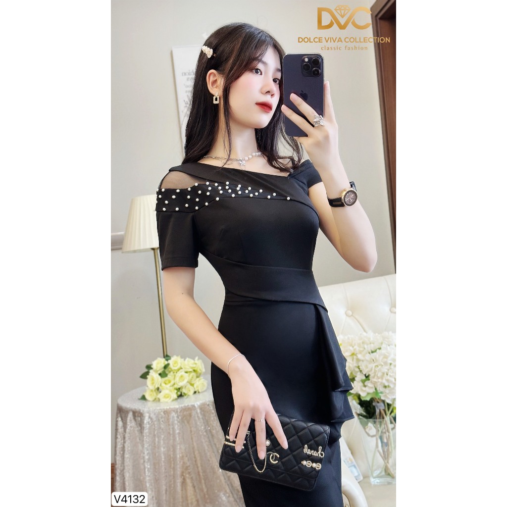 VÁY THIẾT KẾ NỮ CAO CẤP, VÁY ĐEN ÔM BODY TRỄ VAI ĐÍNH NGỌC SANG CHẢNH V4132 - DVC