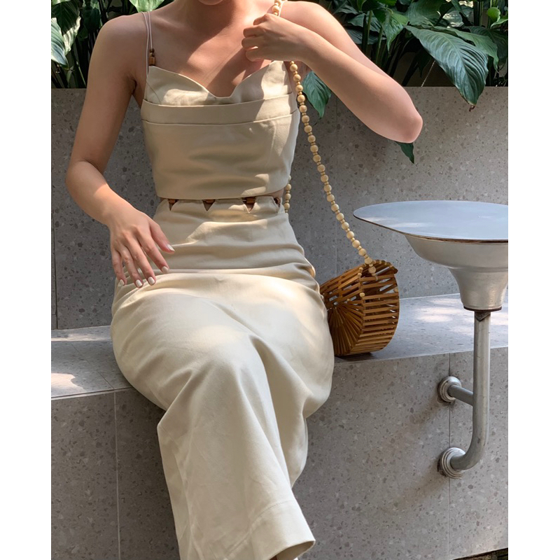 Set váy Kaki 2 dây hạt gỗ  LILLIE