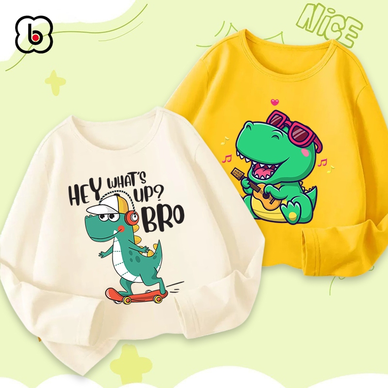 Áo dài tay bé trai Bobdog áo thu đông cổ tròn in hình khủng long mẫu mới 2023