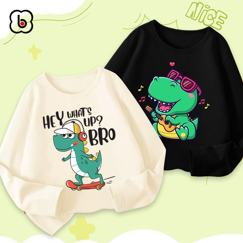 Áo dài tay bé trai Bobdog áo thu đông cổ tròn in hình khủng long mẫu mới 2023