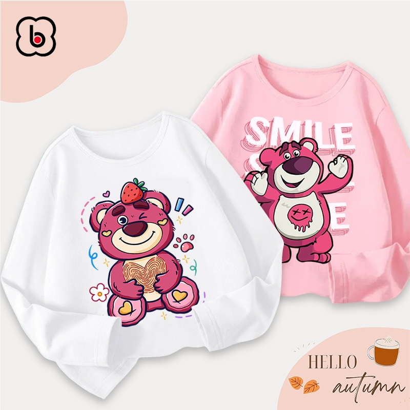 Áo dài tay bé gái Bobdog áo thu đông cổ tròn chất thun cotton in hình gấu Lotso