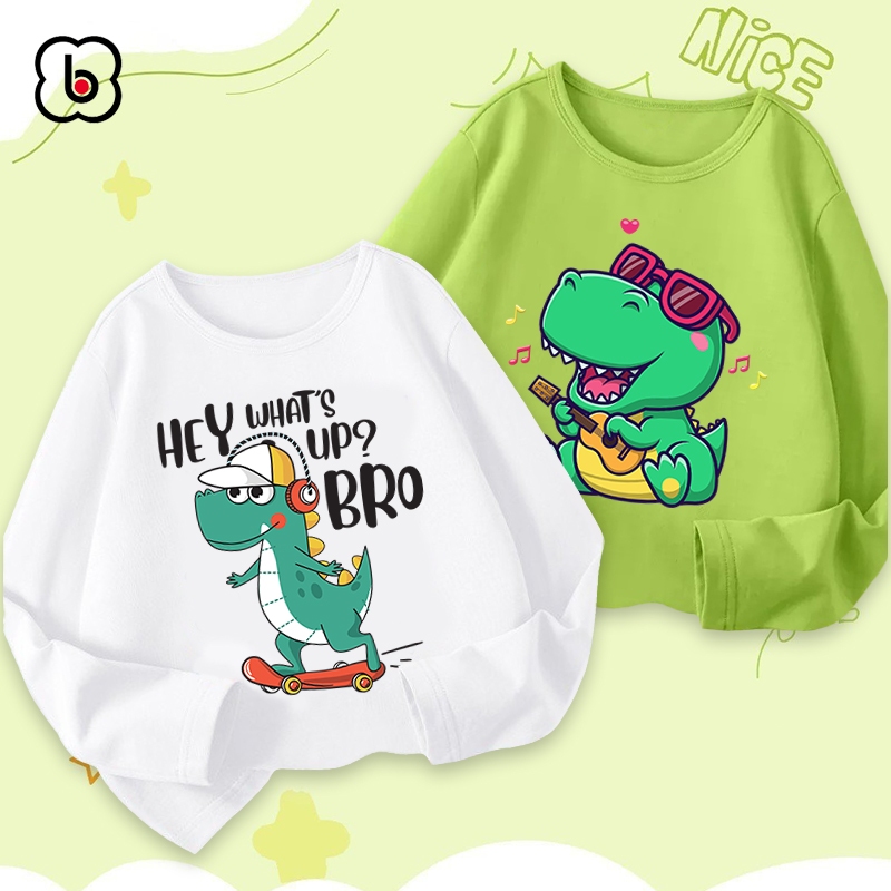 Áo dài tay bé trai Bobdog áo thu đông cổ tròn in hình khủng long mẫu mới 2023