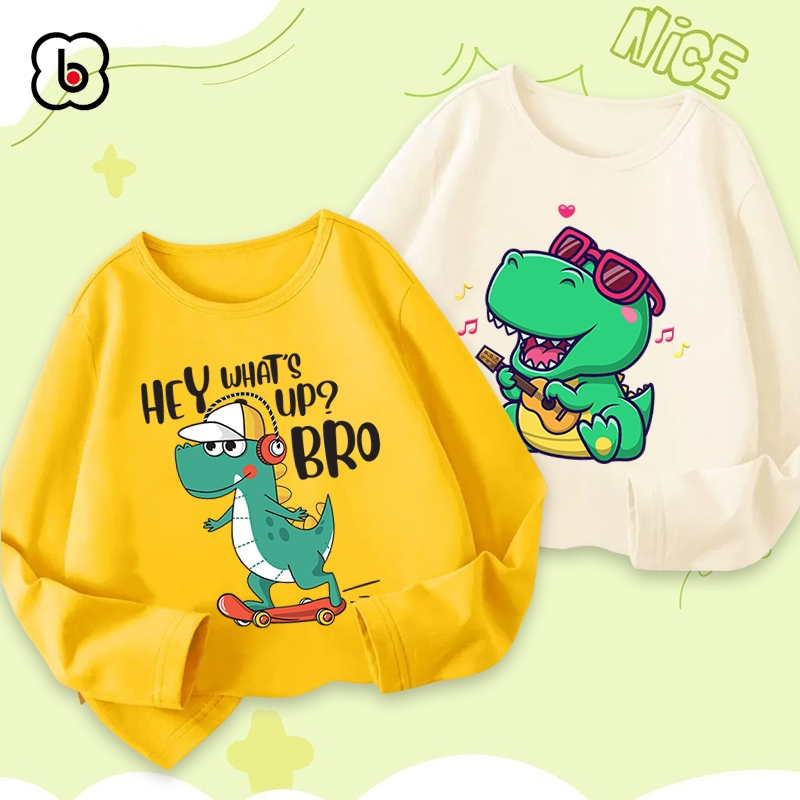 Áo dài tay bé trai Bobdog áo thu đông cổ tròn in hình khủng long mẫu mới 2023