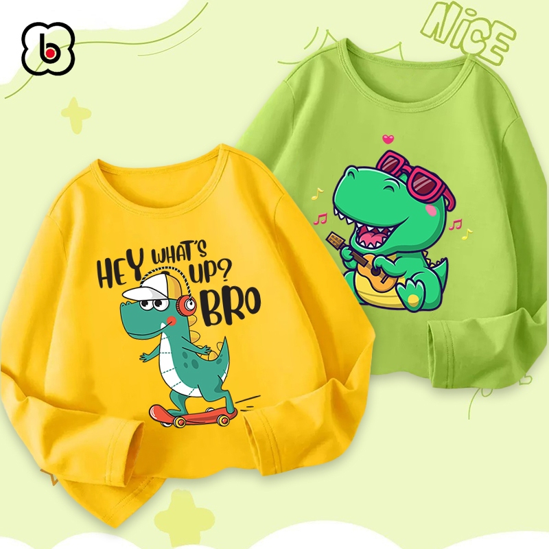 Áo dài tay bé trai Bobdog áo thu đông cổ tròn in hình khủng long mẫu mới 2023