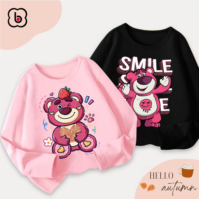Áo dài tay bé gái Bobdog áo thu đông cổ tròn chất thun cotton in hình gấu Lotso