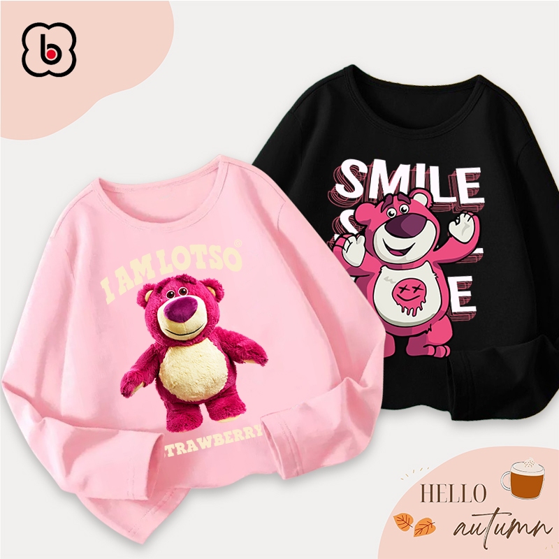 Áo dài tay bé gái Bobdog áo thu đông cổ tròn chất thun cotton in hình gấu Lotso