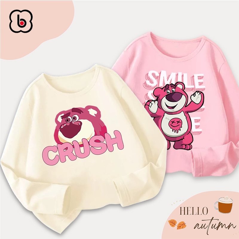 Áo dài tay bé gái Bobdog áo thu đông cổ tròn chất thun cotton in hình gấu Lotso