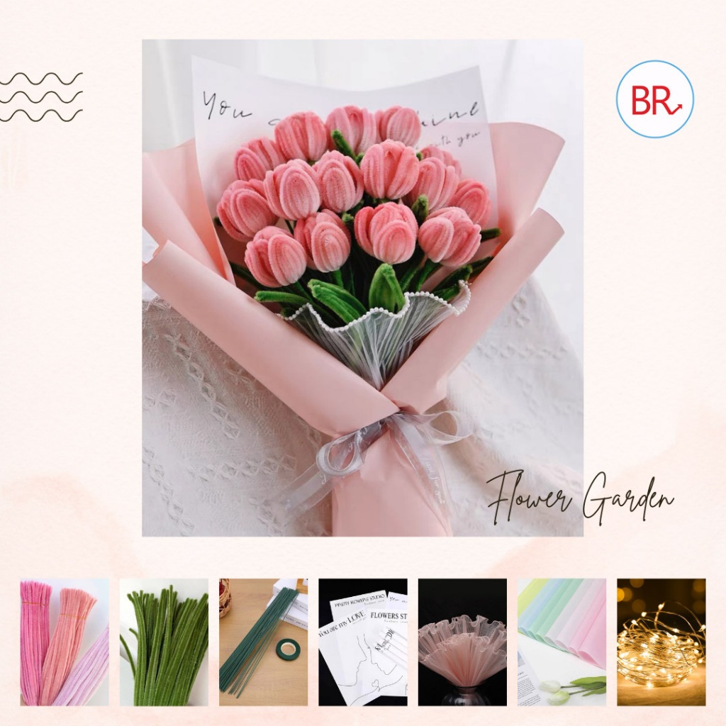 Set nguyên liệu làm bó hoa Tulip 15 bông bằng kẽm nhung Tặng kèm Thiệp + Đèn, Bộ phụ kiện DIY làm hoa quà tặng sinh nhật