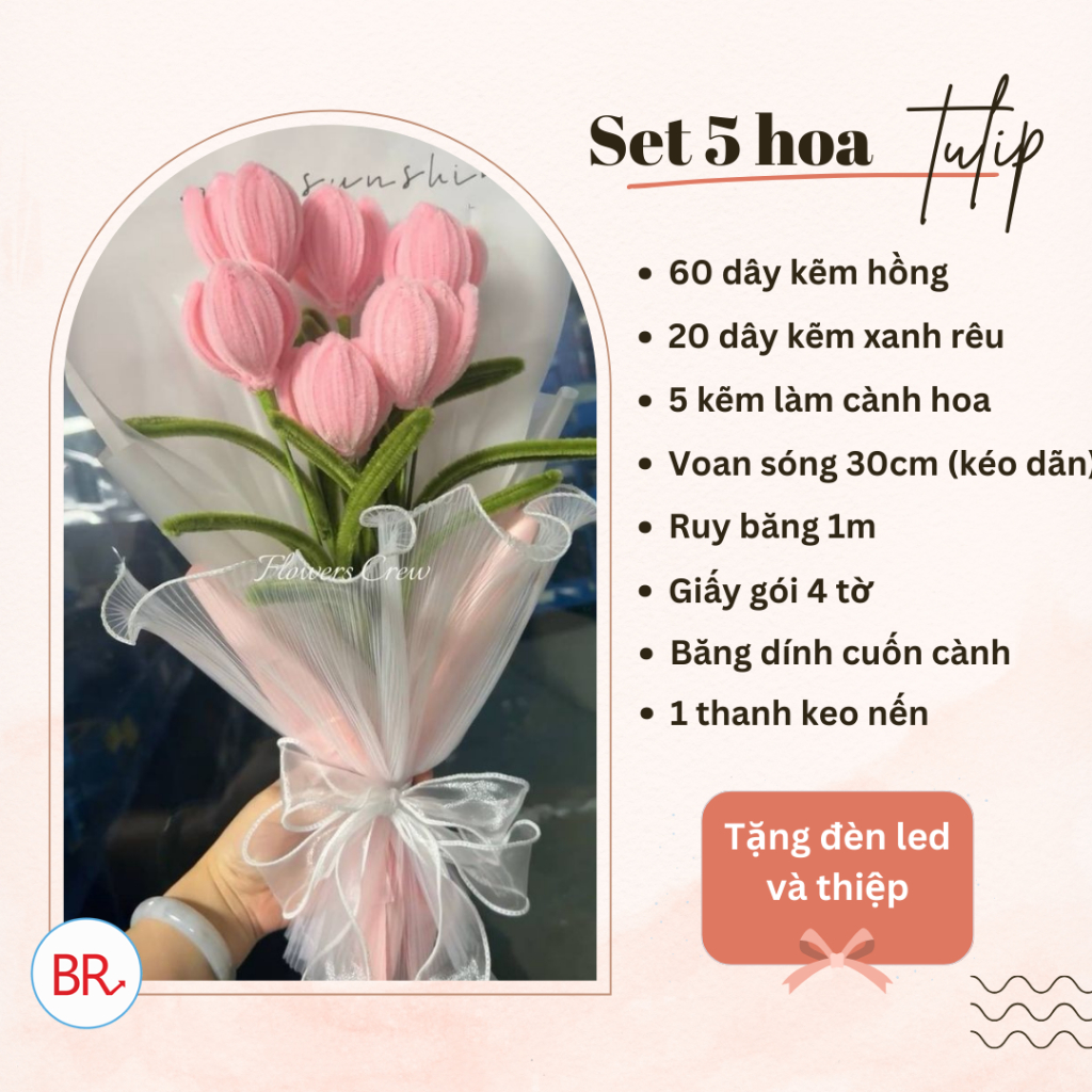 Set nguyên liệu làm bó hoa Tulip 15 bông bằng kẽm nhung Tặng kèm Thiệp + Đèn, Bộ phụ kiện DIY làm hoa quà tặng sinh nhật