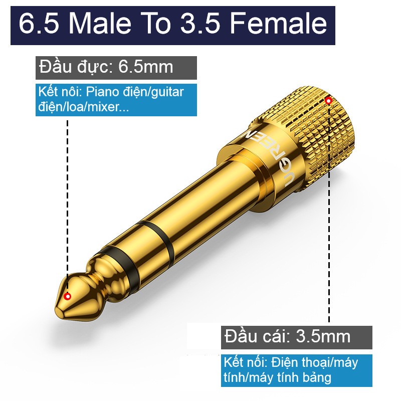 Đầu Jack chuyển 6.5mm sang 3.5mm và 3.5ly sang 6.5ly Ugreen đầu mạ vàng, chuyển đổi âm thanh mượt mà, bảo hành 12 tháng