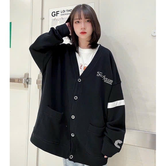 Áo Khoác nỉ From Rộng, Áo Cadigan Họa Tiết Logo W (chill club) Kèm Viền Sọc Ống Tay Phong Cách Hàn Q