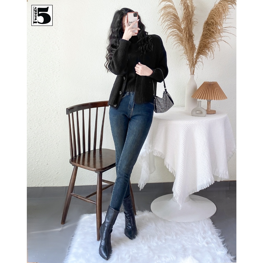 Set áo khoác len cardigan nữ Twentyfive dáng rộng tay bồng kèm áo len ôm sát nách cổ cao 5087