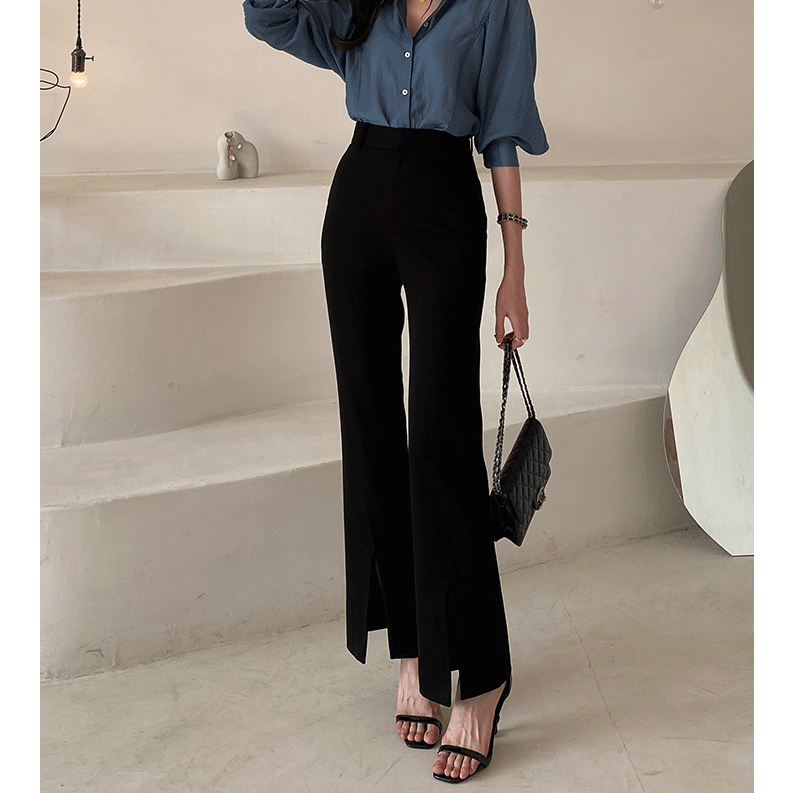 Quần Dài Nữ Ống Loe Sẻ Gấu Lưng Cao, Quần Tây Chất Tuyết Mưa Dày Mịn Không Phai Màu Không Nhăn