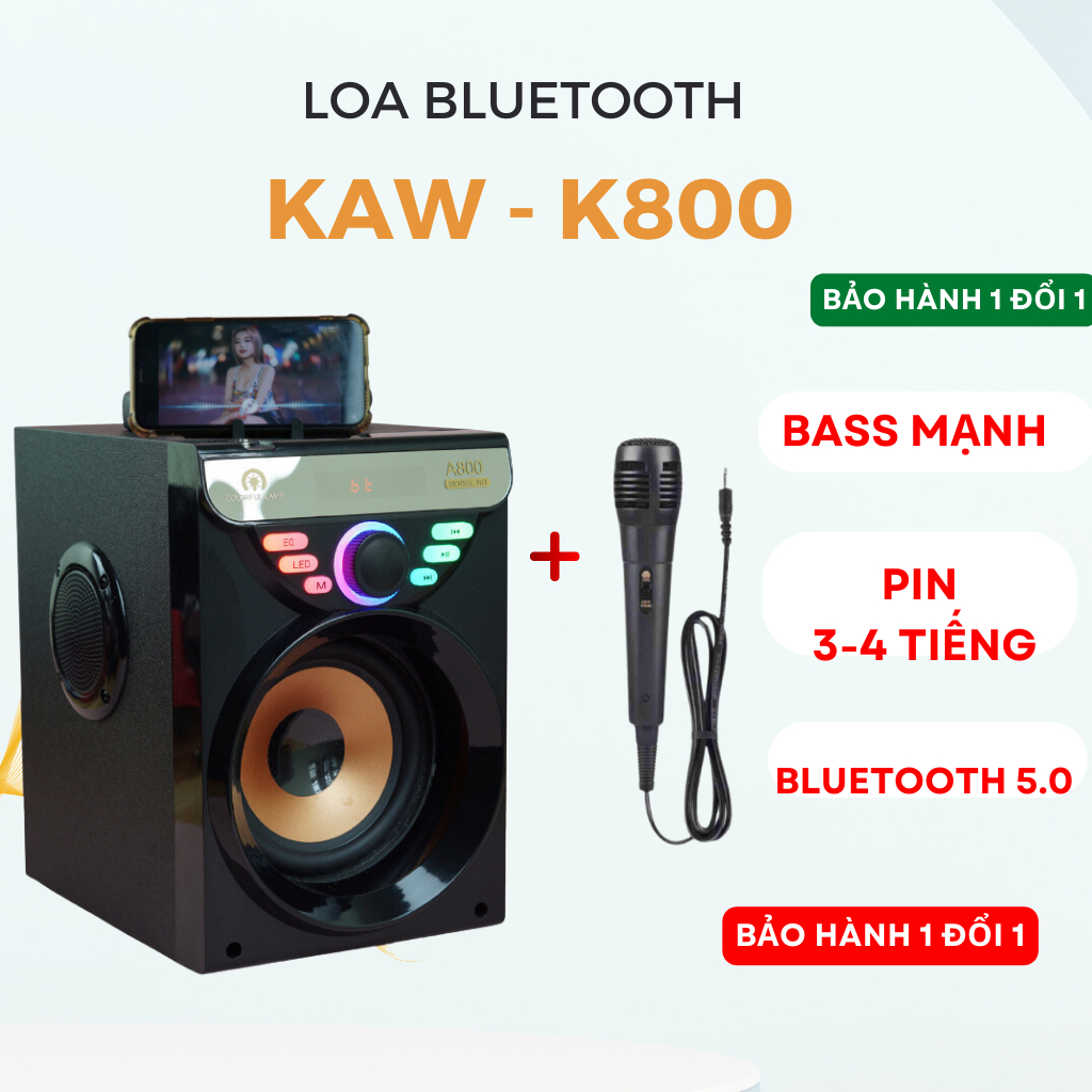 Loa karaoke mini Kaw-K800 Hỗ Trợ Bluetooth 5.0 ,bass ấm, âm thanh sống động, kết nối dễ dàng -Bảo hành 1 đổi 1