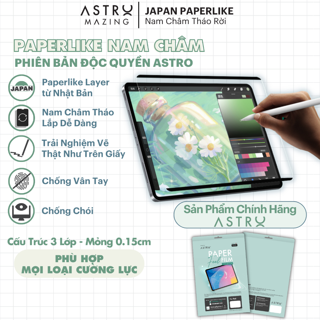 [Paperlike nam châm] Miếng dán AstroMazing Paperfilm Paper like tháo rời dành cho iPad Pro 11 12.9 Air 4 5 Gen 7 8 9 10